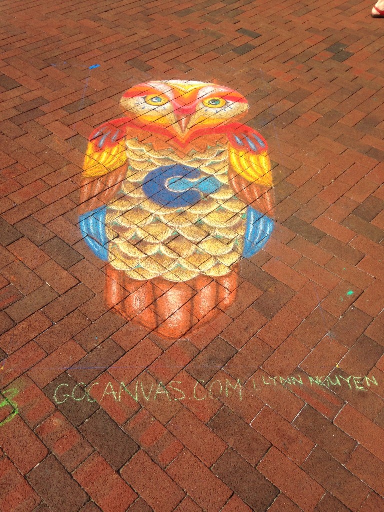 chalkfest reston chalk art drawing of colorful owl with canvas logo