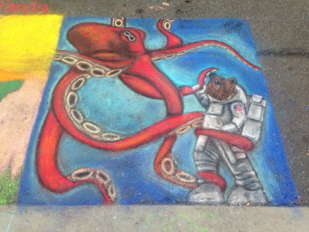 chalkfest reston chalk art drawing of octopus holding astronaut bear