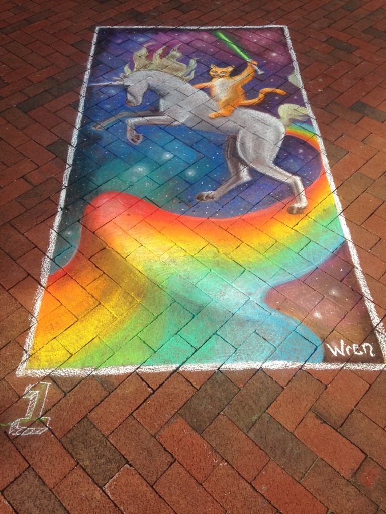 chalkfest reston chalk art drawing of cat holding light saber riding unicorn over rainbow