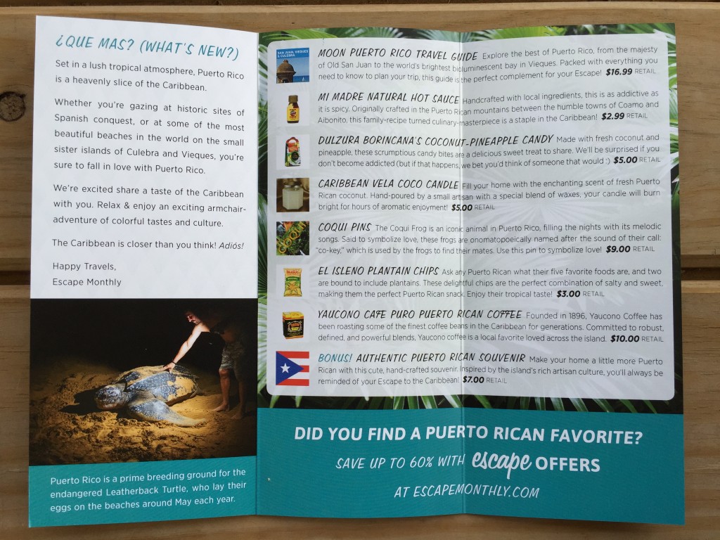 escape monthly september puerto rico box info card opened with details of products included