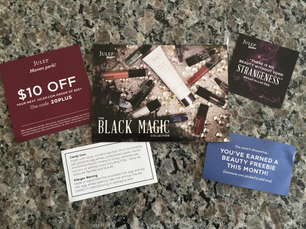 julep black magic collection card, discount offer card, quote card, candy corn info slip, and bonus card