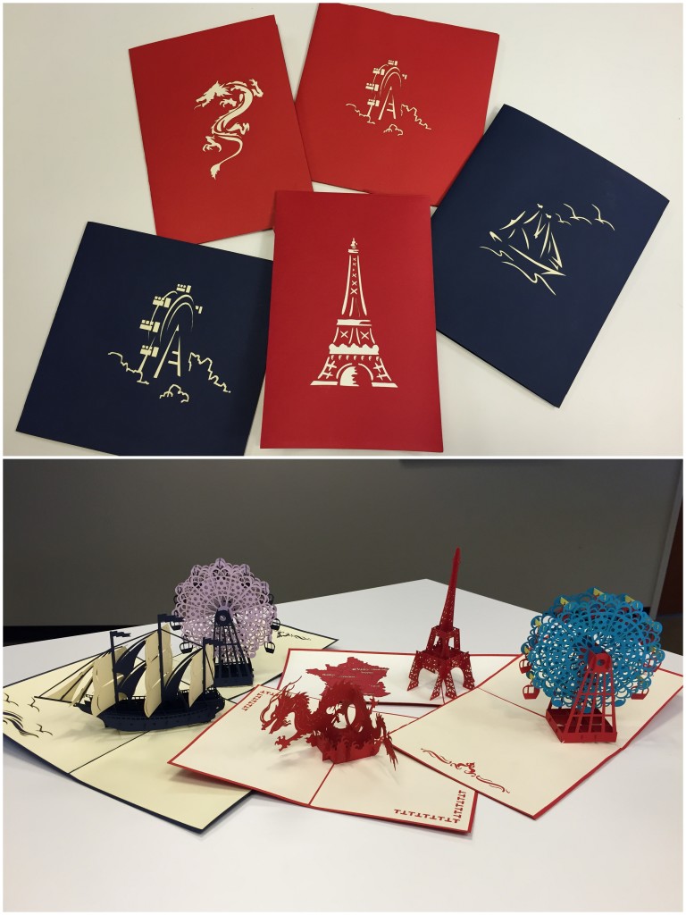 collage of five 3d cards that pop open to ferris wheels, eiffel tower, ship with sails, and dragon designs