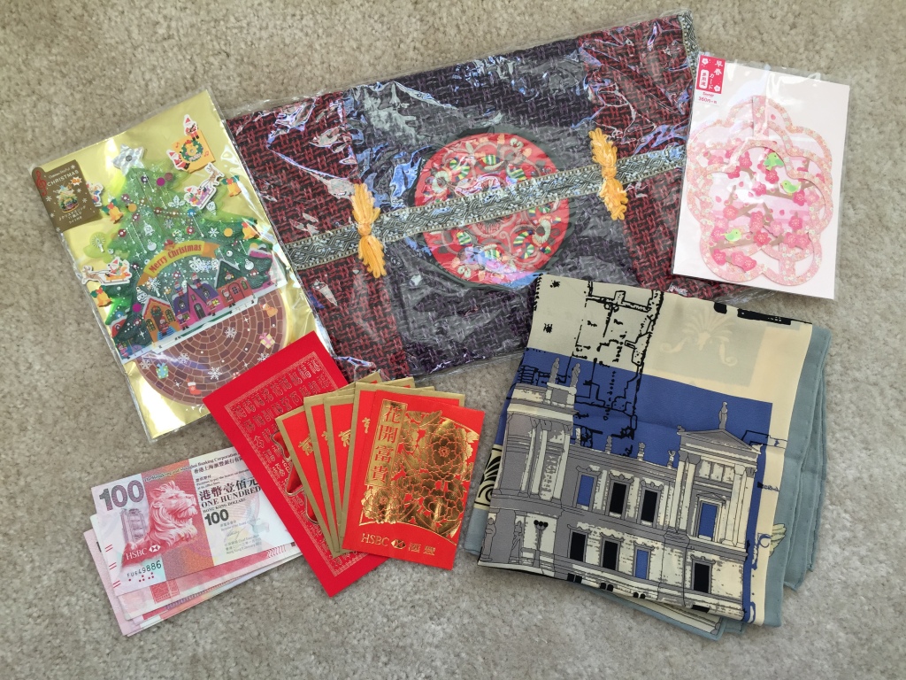 3d holiday cards, tissue box cover, scarf, hong kong dollars, and red envelopes