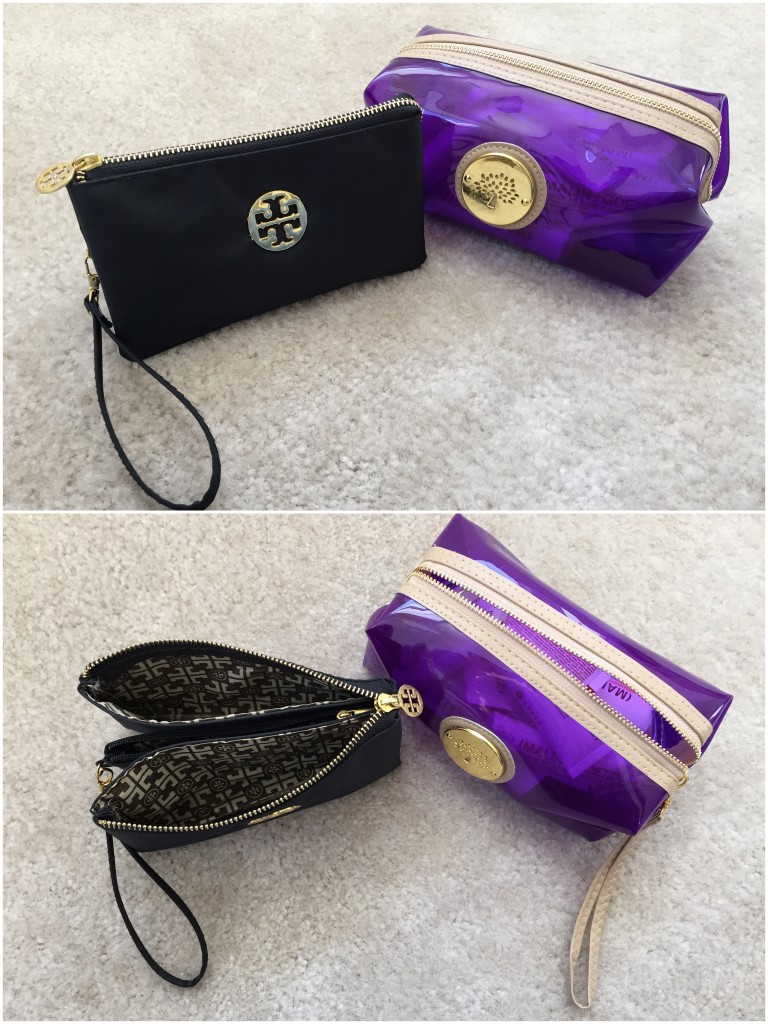 collage of black wristlet pouch with three compartments and clear purple pouch for toiletries