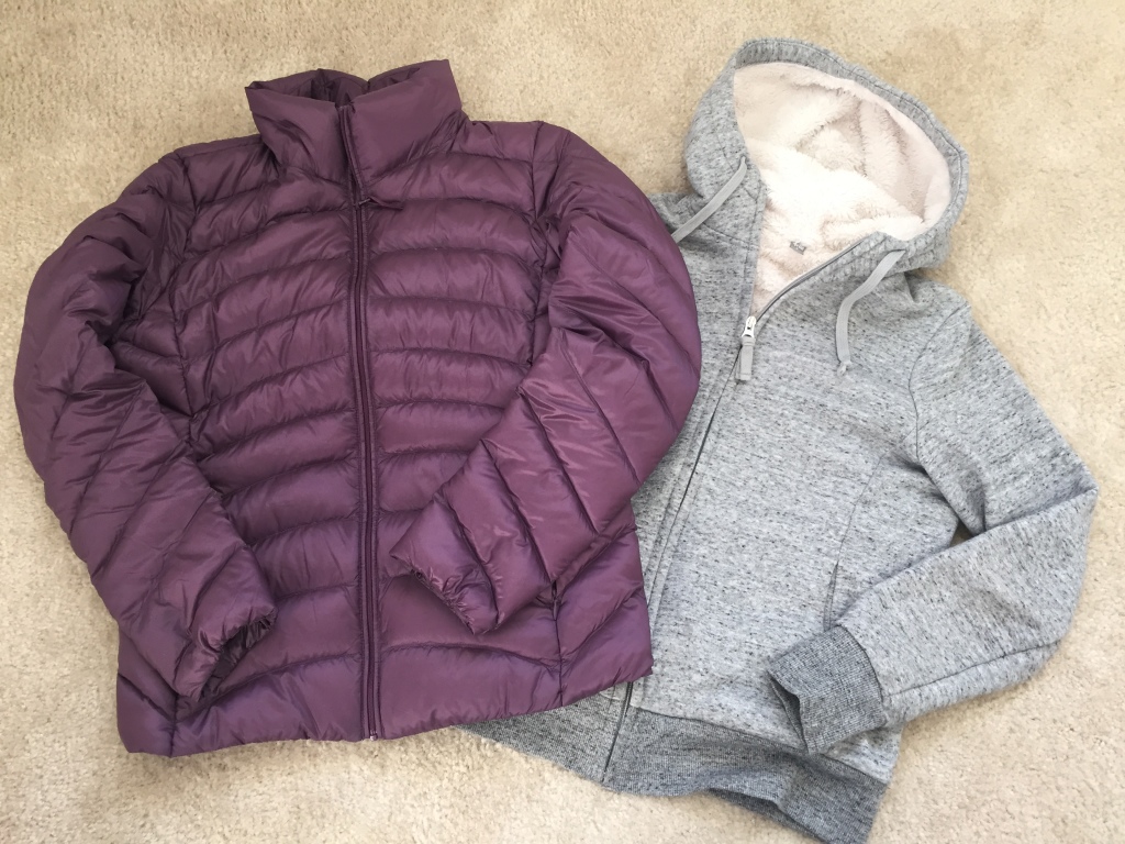 uniqlo purple down jacket and gray fuzzy hooded jacket