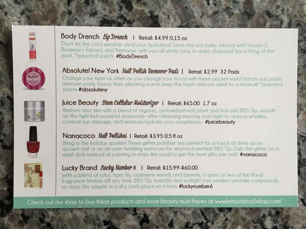beauty box 5 december 2014 information card