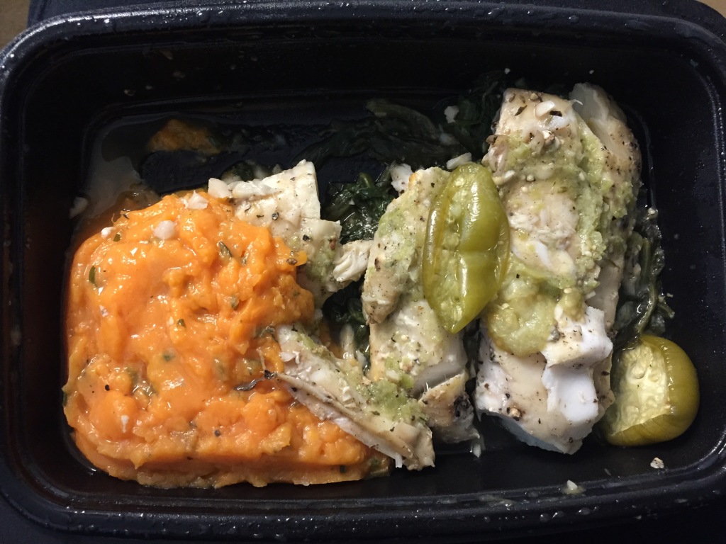 power supply garlic baked cod with tomatillo dressing, spinach, and herbed mashed sweet potatoes mixitarian dinner meal open