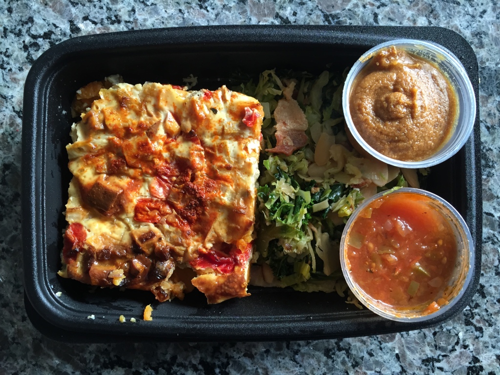 power supply spanish frittata with kale, brussel sprouts and bacon hash, and pumpkin mousse mixitarian lunch meal open
