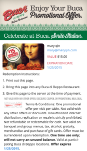 buca di beppo promotional deal email for $15 towards meal
