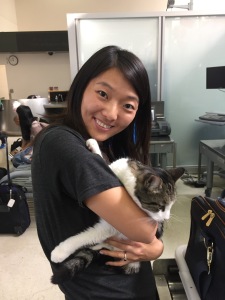 person carrying cat through security at airport
