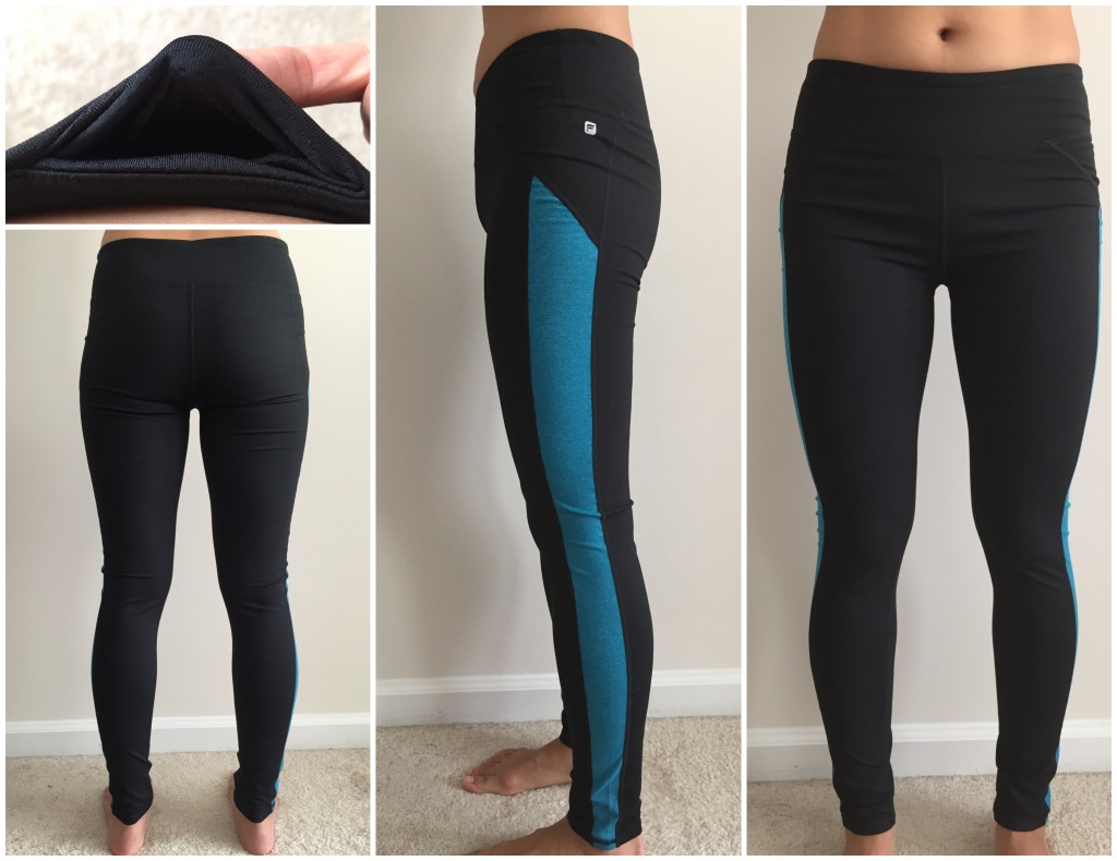 collage of front, back, side, and hidden pocket of fabletics ende leggings in black/teal stripe