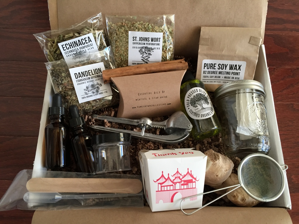 contents of the homegrown collective december 2014 box with homegrown remedies and cure-alls theme
