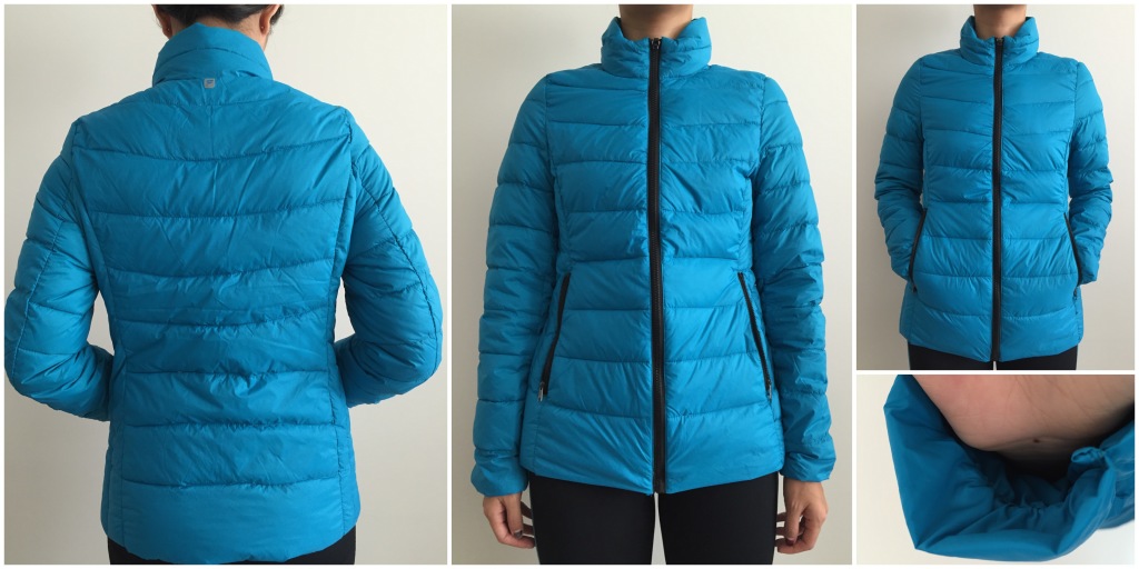 collage of front, back, pockets, and elastic sleeve of fabletics joni jacket in bright teal