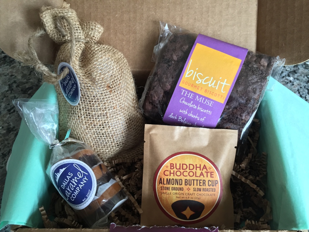 treatsie january 2015 box contents with dallas caramel company caramels & armadillos, biscuit gourmet biscotti the muse, and buddha chocolate almond butter cup