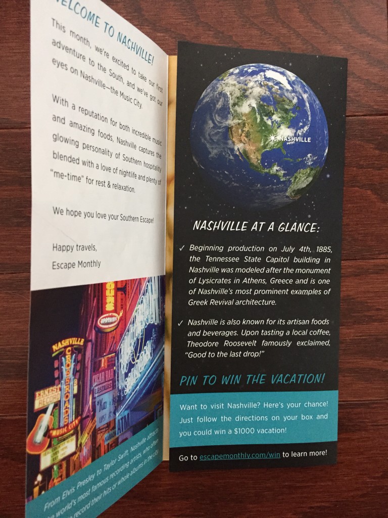 escape monthly february nashville box info card opened with fact sheet showing