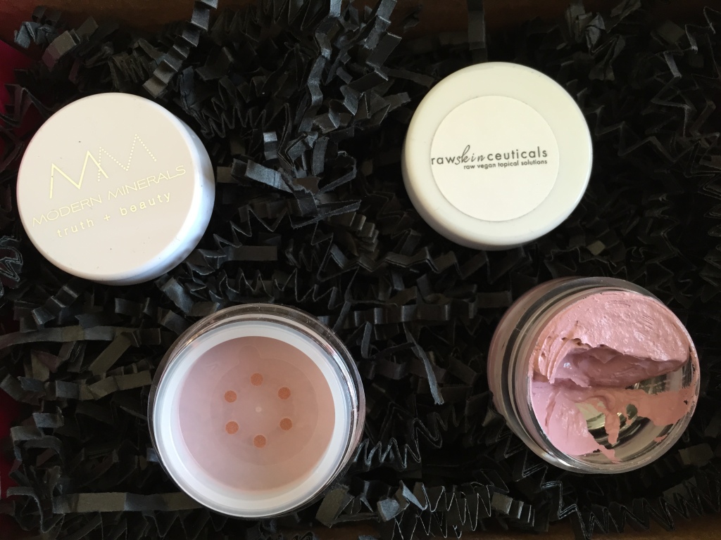 open contents of petit vour january 2015 box with modern minerals eye shadow and rawskinceuticals cheek color