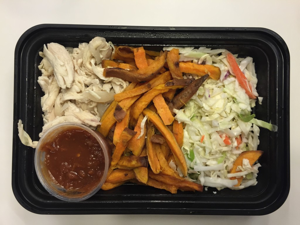 power supply pulled chicken with kansas style bbq sauce, cabbage slaw, and sweet potato fries mixitarian dinner meal open