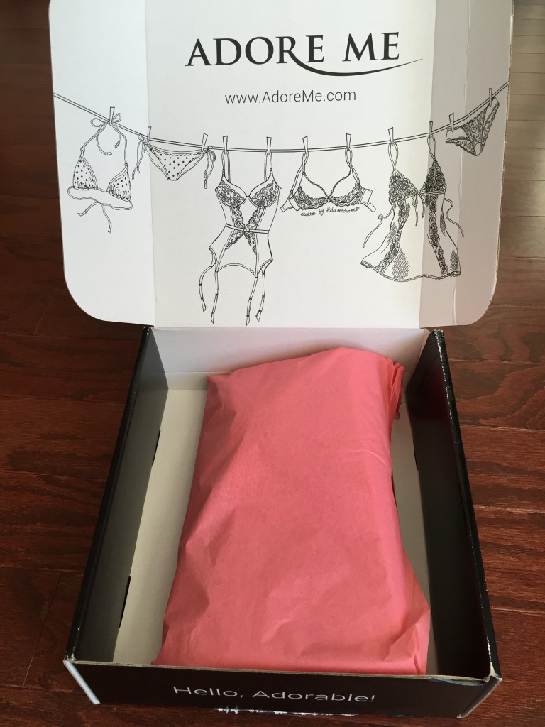 inside of adoreme box with sketch of lingerie items and products wrapped in pink and red tissue paper