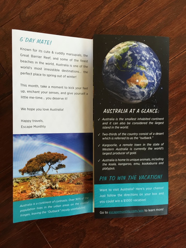 escape monthly march australia box info card opened with fact sheet showing