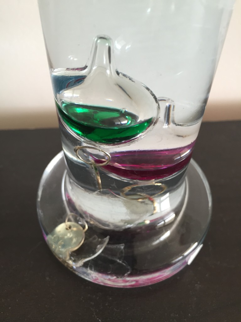 galileo thermometer with broken pieces of globe inside laying at bottom