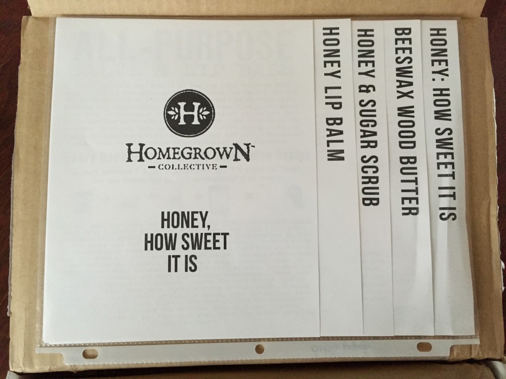 inside of honey how sweet it is homegrown collective 2015 box with the info sheets on the inner lid