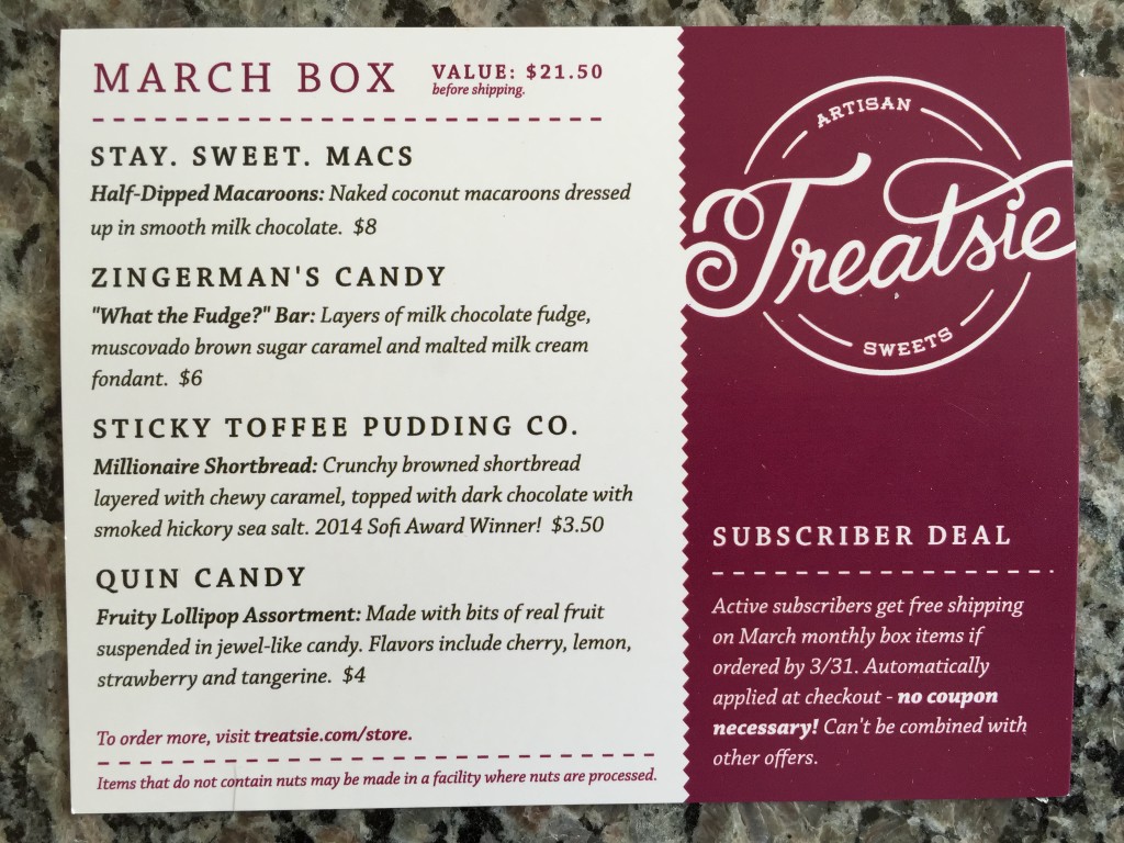 treatsie march 2015 info card