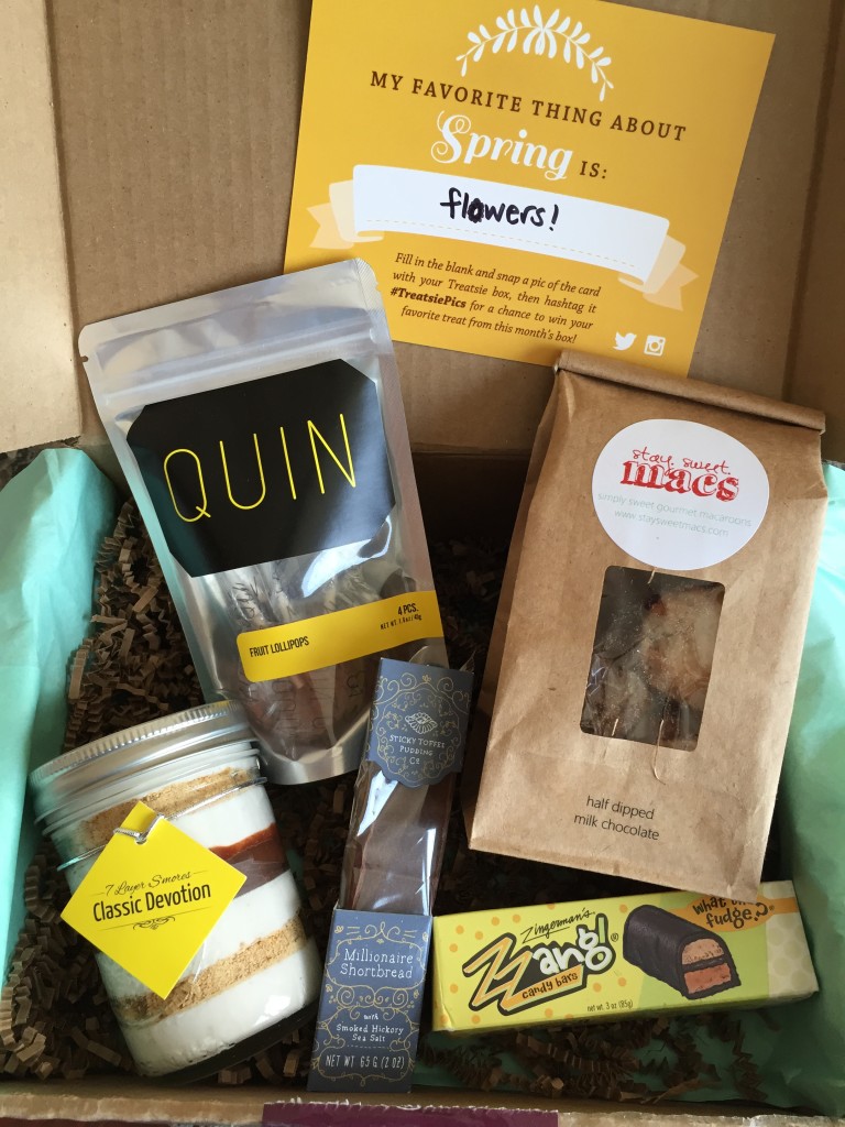 treatsie march 2015 box contents with quin fruit lollipops, stay sweet macs macaroons, sticky toffee pudding millionaire shortbread, and zingerman's candy what the fudge bar with viveltre layered s'mores jar