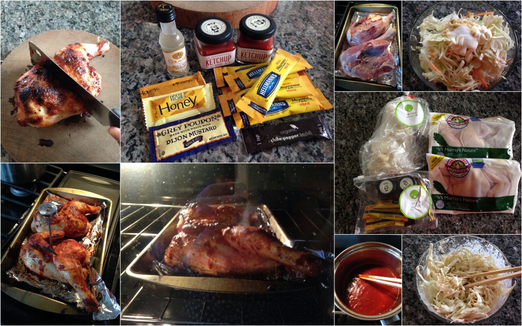 collage of hello fresh bbq chicken with cole slaw ingredients and meal being made