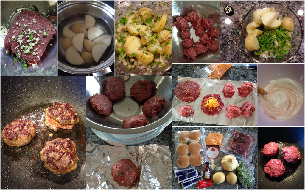 collage of hello fresh cheddar stuffed sliders with german potato salad ingredients and meal being made