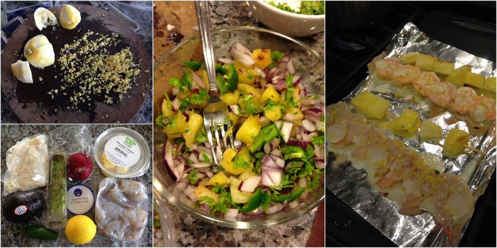 collage of hello fresh lemon grilled shrimp with pineapple salsa ingredients and meal being made