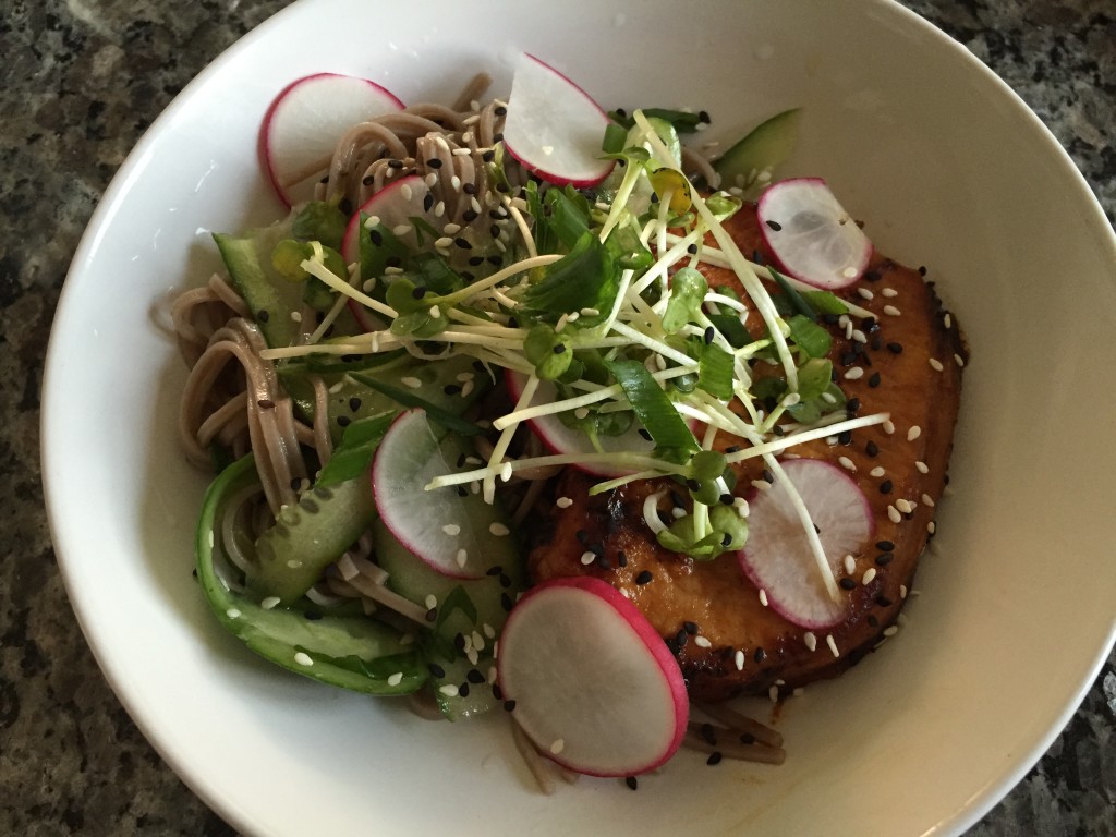 home chef bbq korean pork chop with sesame-cucumber soba noodles, radish sprouts, and green onion finished product