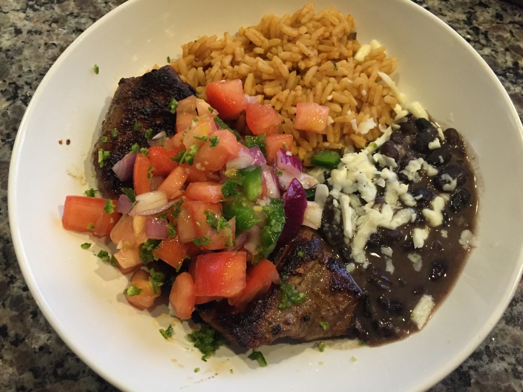 home chef cinco de mayo special carne asada with pico de gallo, spanish rice, and seasoned black beans finished product