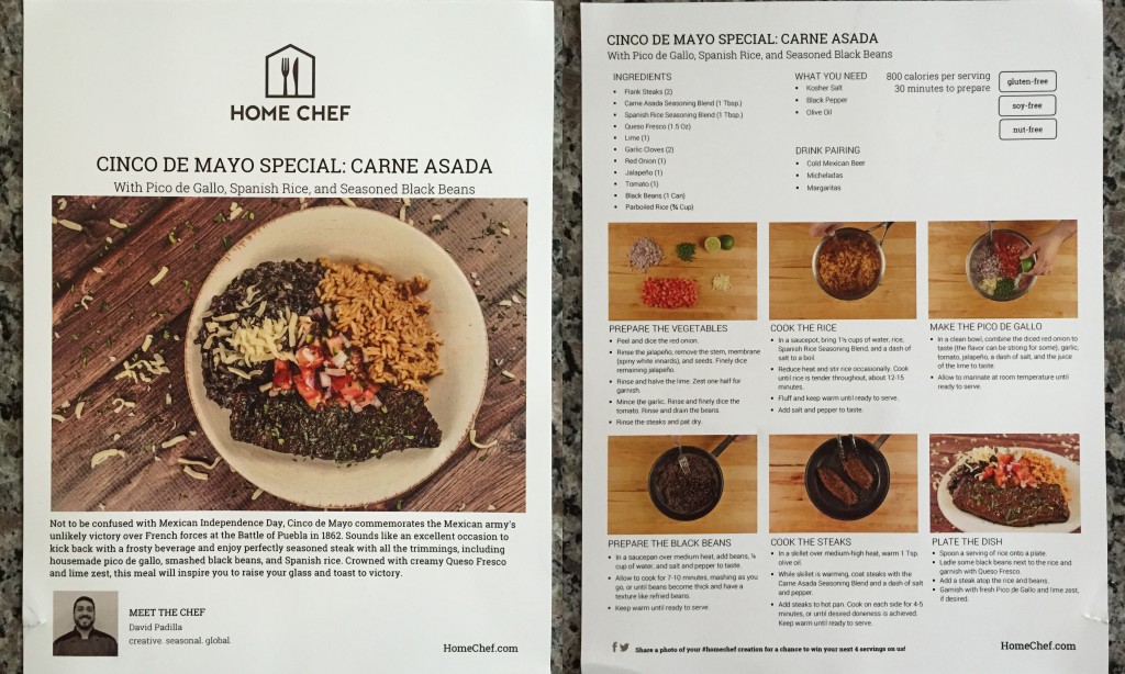 collage of home chef cinco de mayo special carne asada with pico de gallo, spanish rice, and seasoned black beans recipe card