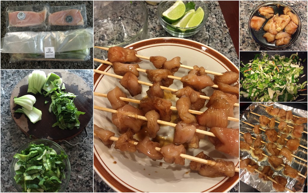 collage of home chef japanese chicken yakitori with baby bok choy slaw ingredients and meal being made