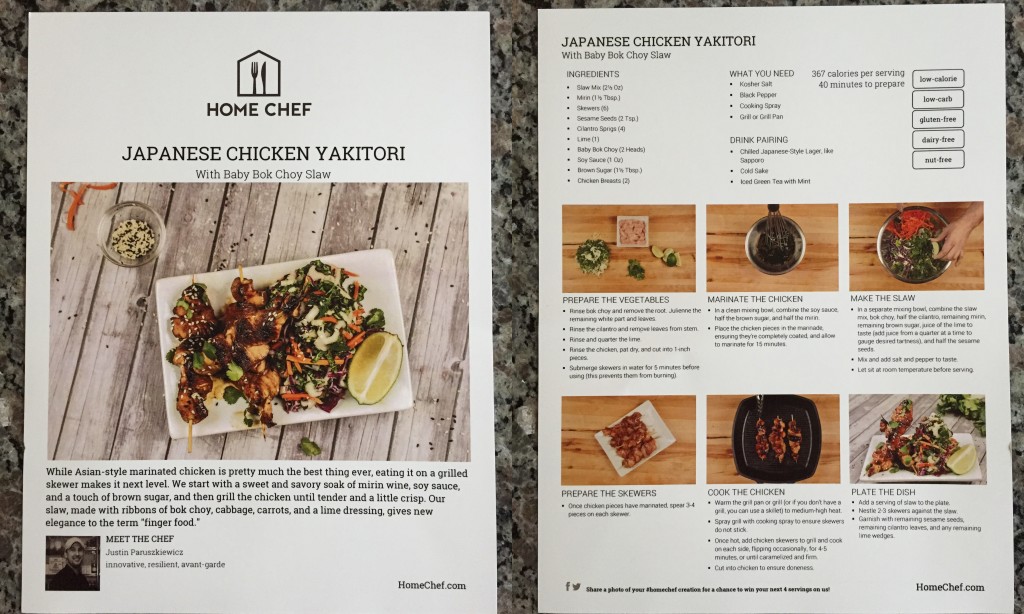 collage of home chef japanese chicken yakitori with baby bok choy slaw recipe card