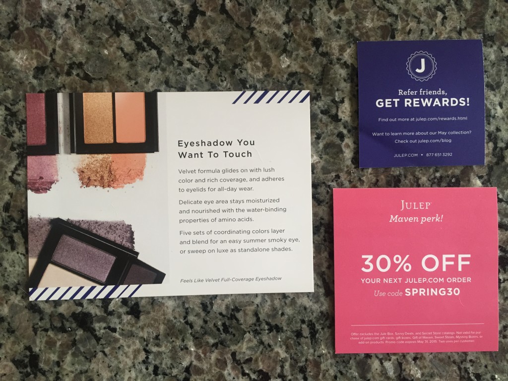 julep set sail collection card, discount offer card, and refer friend card