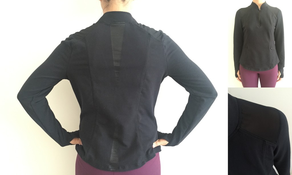 collage of front, back, and sheer shoulder of fabletics delamo jacket in black