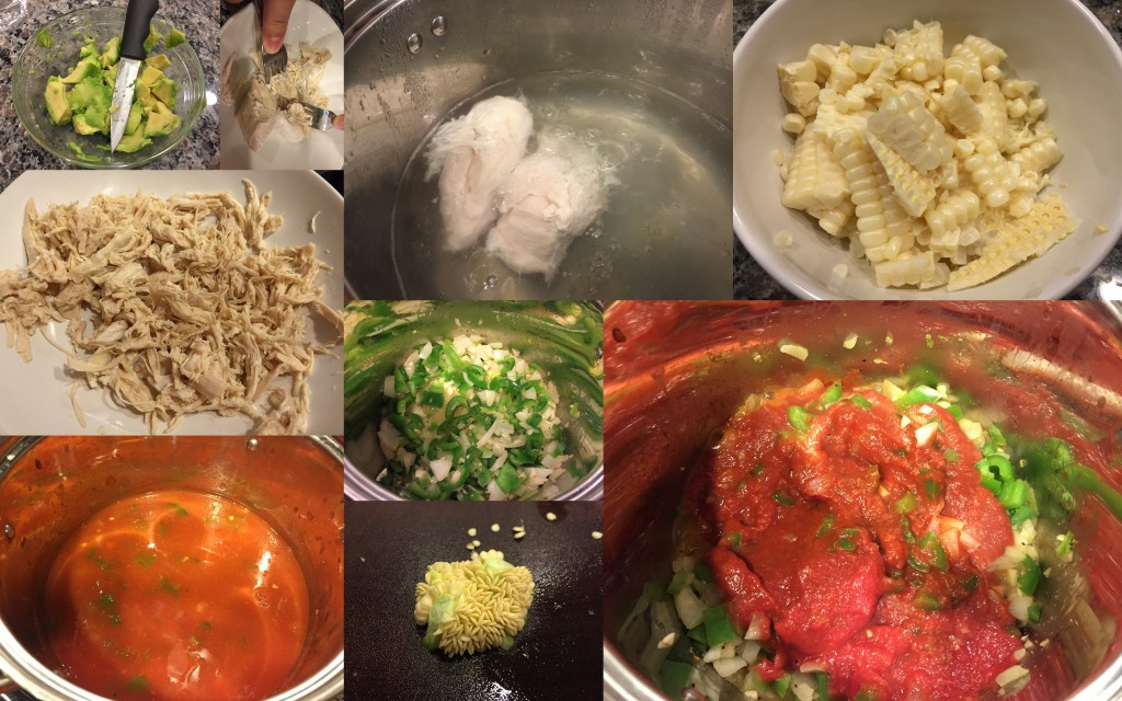 collage of hello fresh alexis' chicken tortilla soup ingredients and meal being made