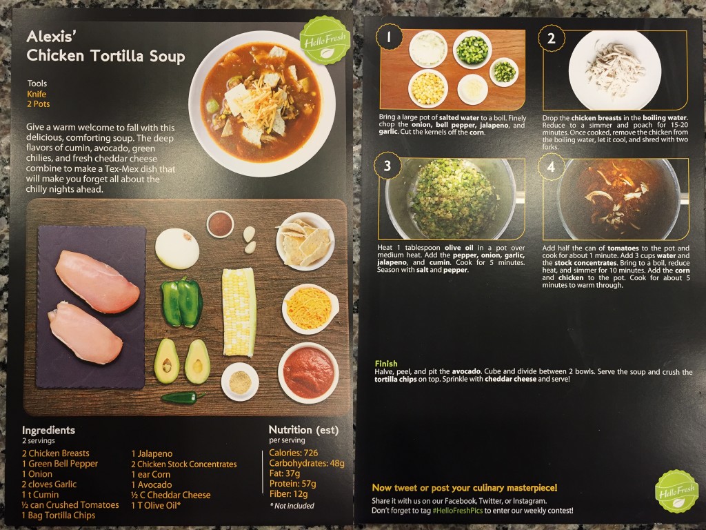 collage of hello fresh alexis' chicken tortilla soup recipe card