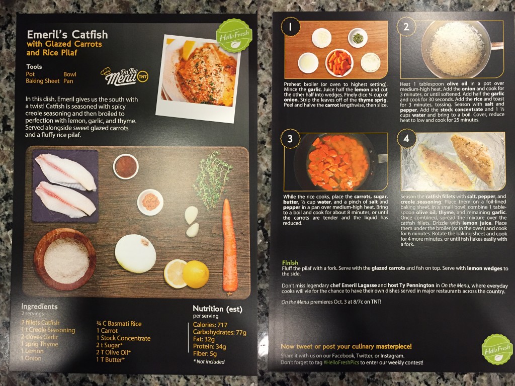 collage of hello fresh emeril's catfish with glazed carrots and rice pilaf recipe card