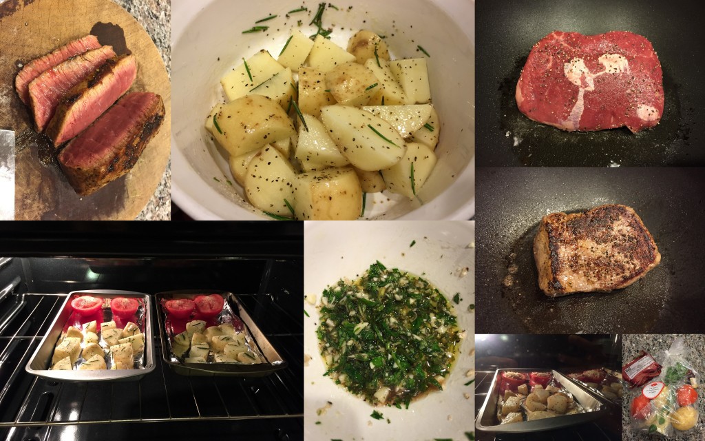 collage of hello fresh steak tagliata with roasted tomatoes and potatoes ingredients and meal being made