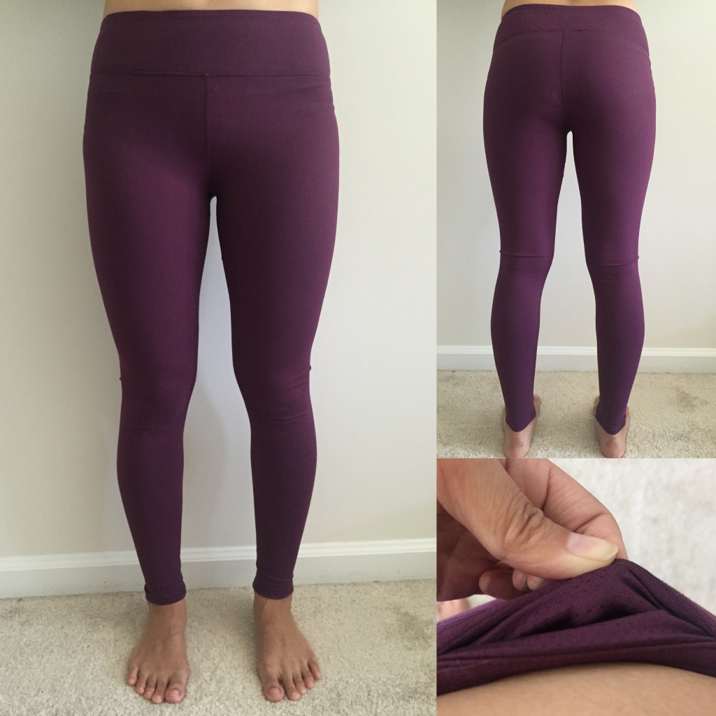 collage of front, back, and hidden pocket of fabletics salar leggings in plum
