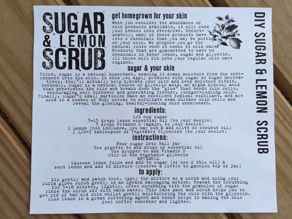 the homegrown collective june 2015 project diy sugar & lemon scrub info card