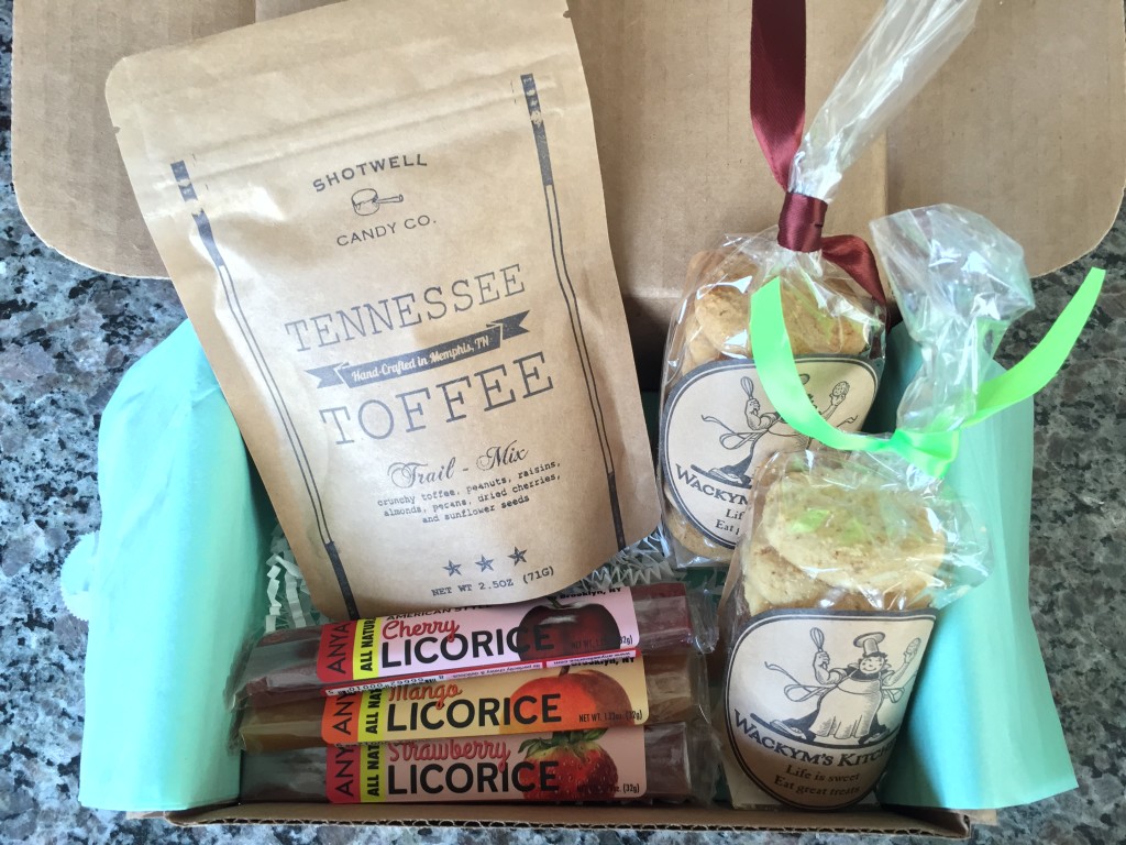 treatsie july 2015 box contents with shotwell candy co tennessee toffee trail mix, anya's licorice sticks, and wackym's kitchen cookies