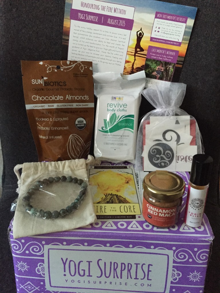 contents of yogi surprise august 2015 box with info card