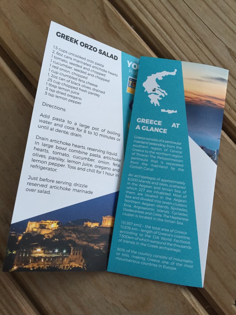 escape monthly september greece box info card opened with fact sheet showing