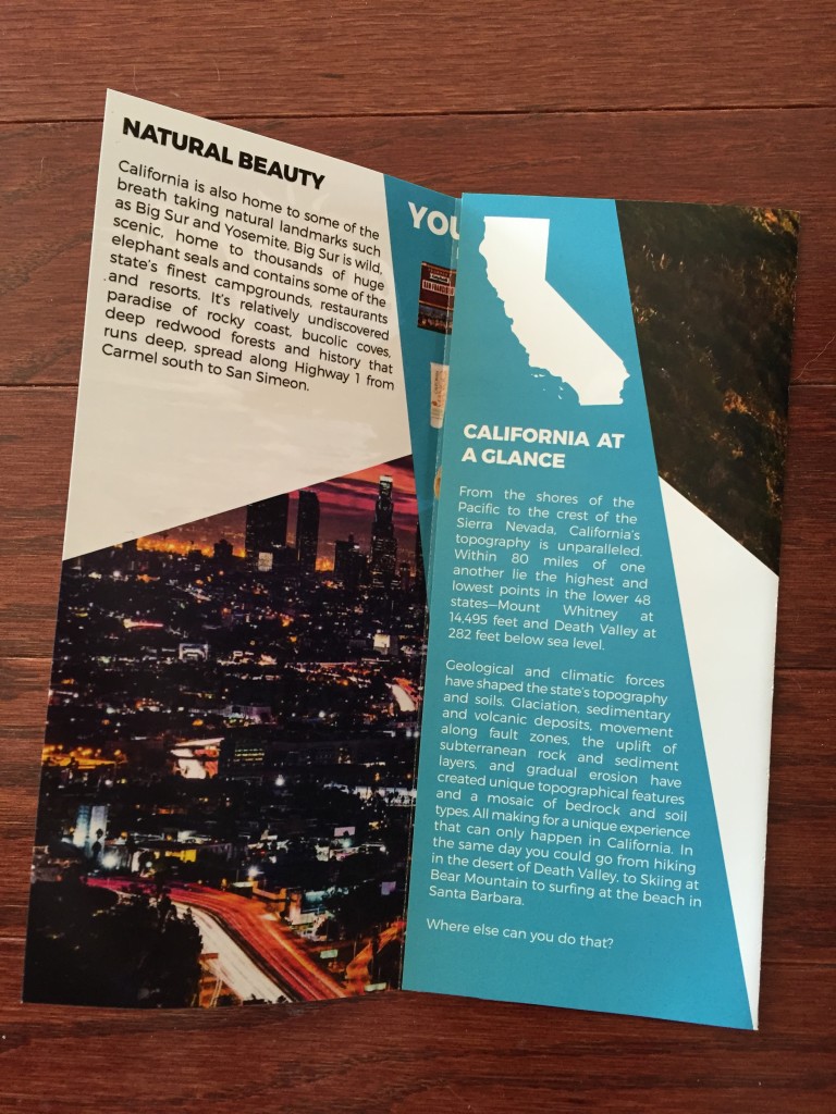 escape monthly october california box info card opened with fact sheet showing