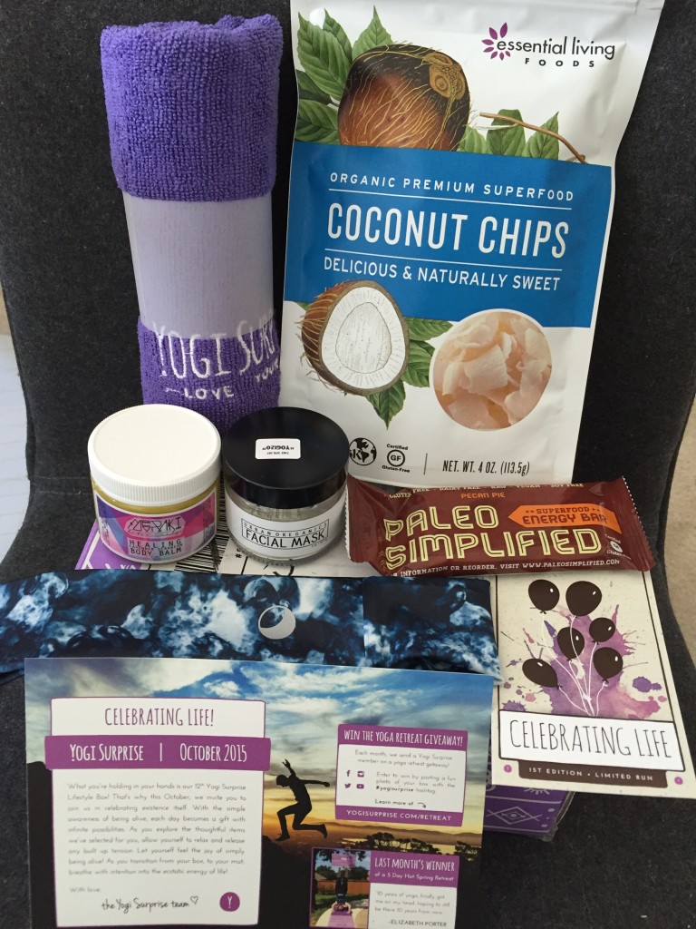 contents of yogi surprise october 2015 box with info card