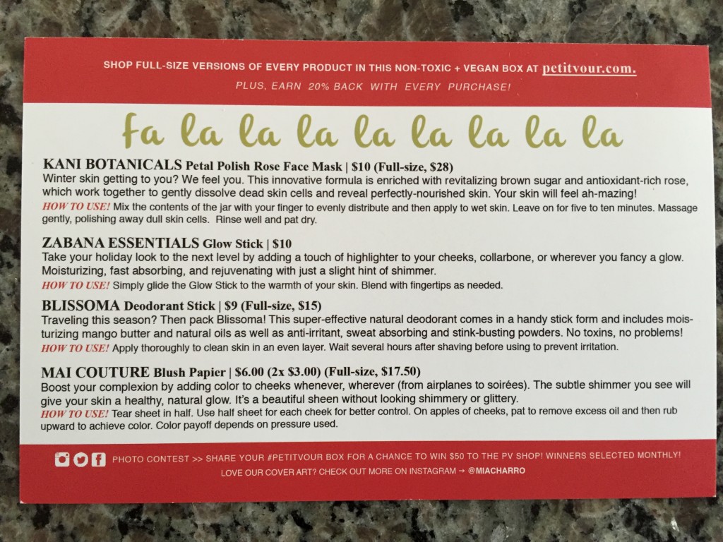 petit vour december 2015 box info card with item details