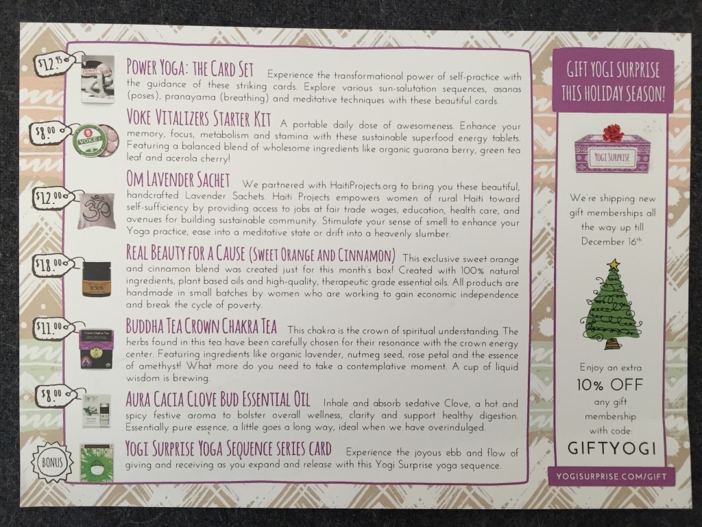 yogi surprise december 2015 info card with product details